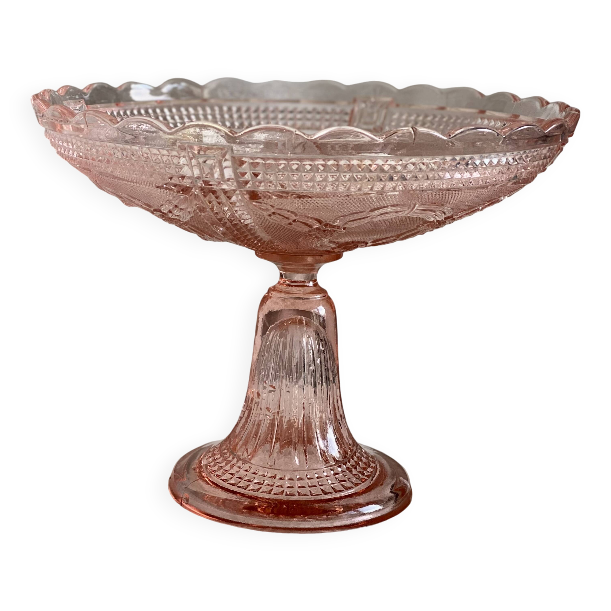 Bayel pink molded glass compote bowl art deco cut