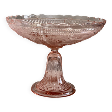 Compotier verre moulé rose Bayel coupe art déco