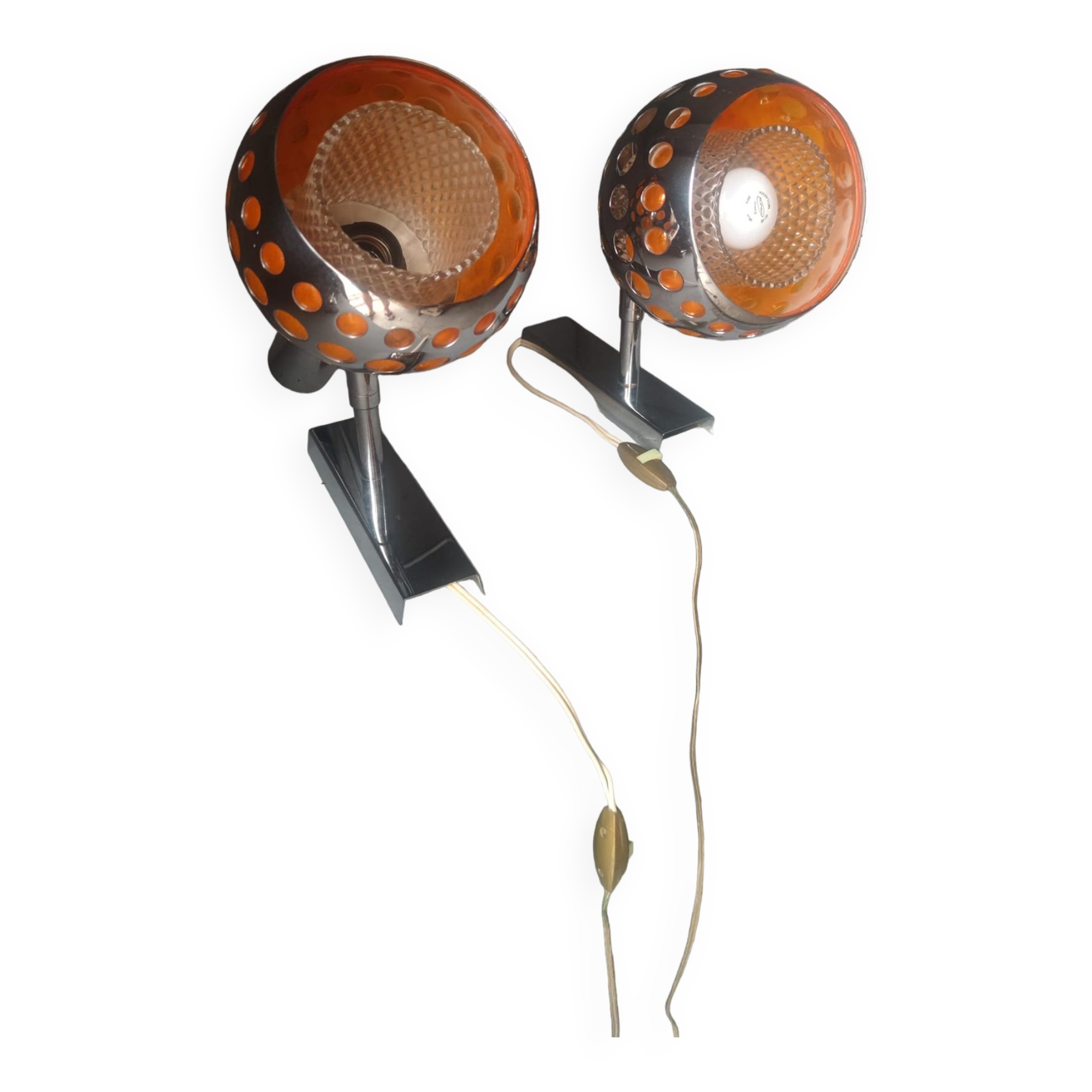 Pair of chrome-plated metal wall lights with adjustable ball joints, circa 1970