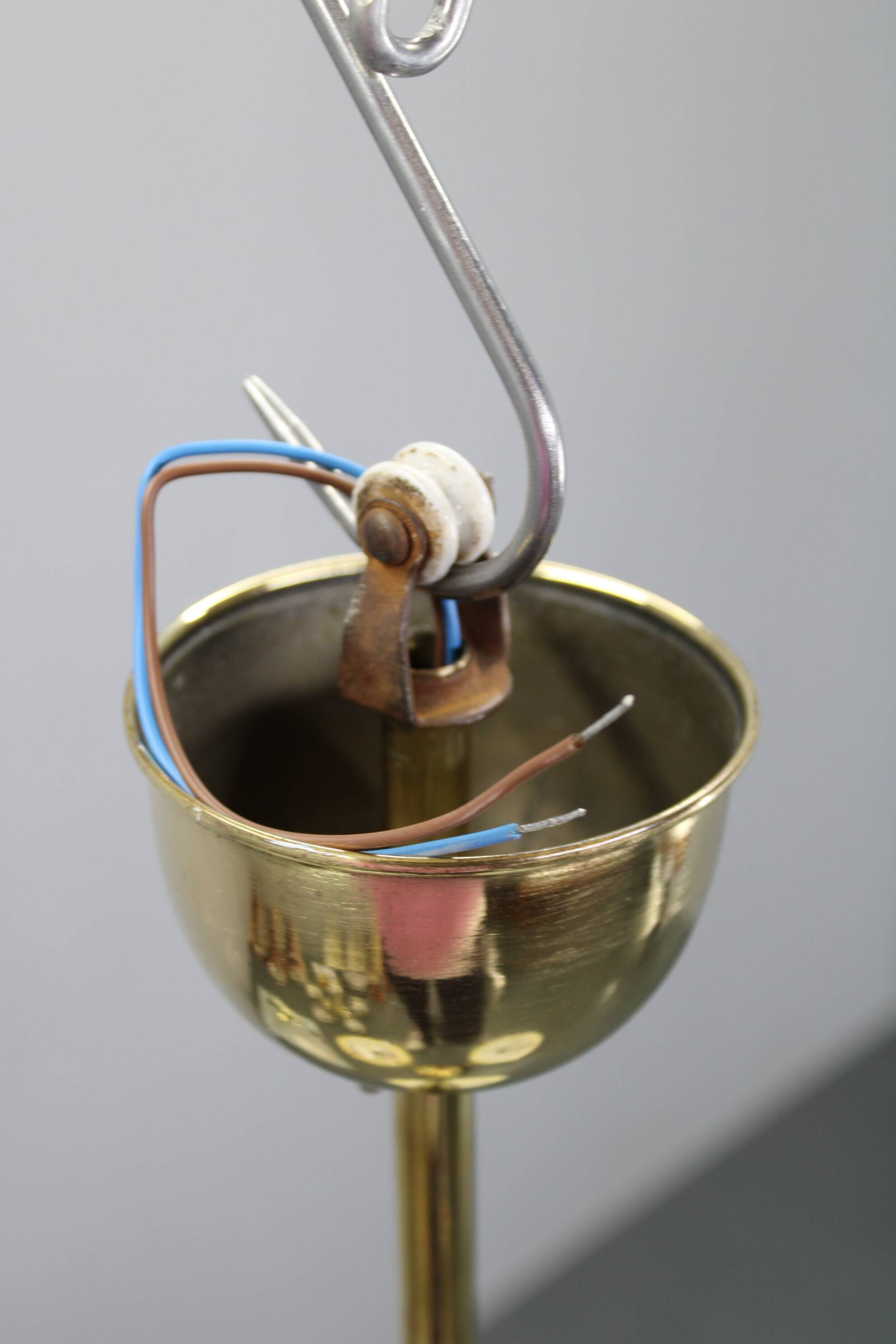 Art Deco brass and wood chandelier with champagne glass, Czechoslovakia 1930s