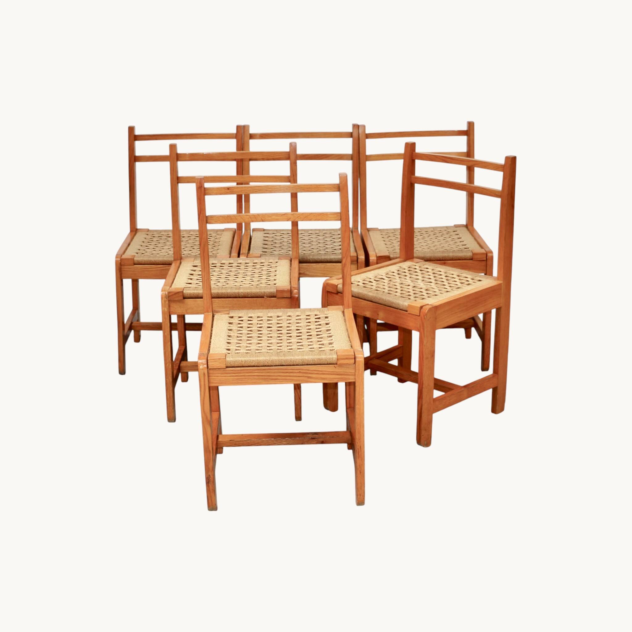 6 light wood chairs with rush seats, Italy, 1960s