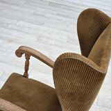 1970s, Scandinavian highback armchair, furniture corduroy, carved oak wood.