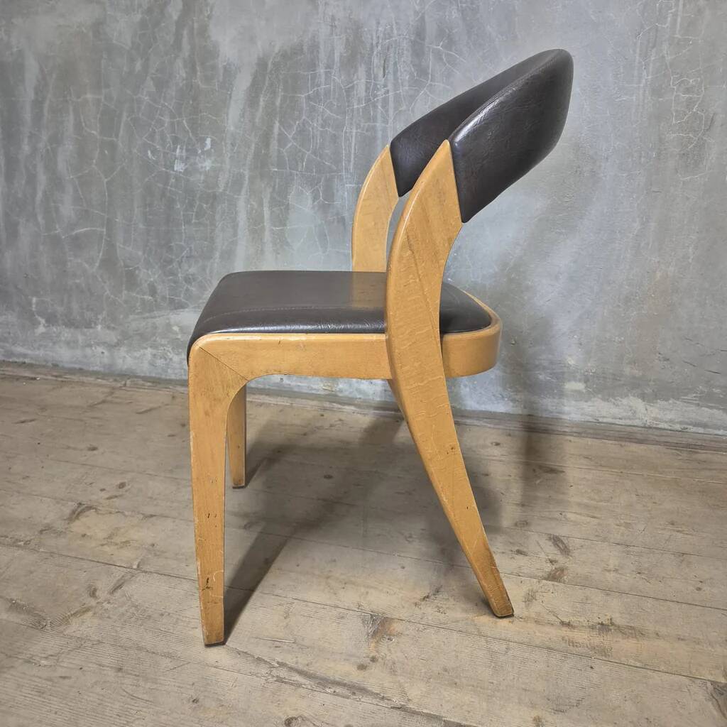 Vintage Curved-Back Dining Chair, Wood & Leatherette, Czechoslovakia, 1970s