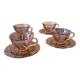 4 Vereco Beau Rivage vintage cups in pink glass with saucers