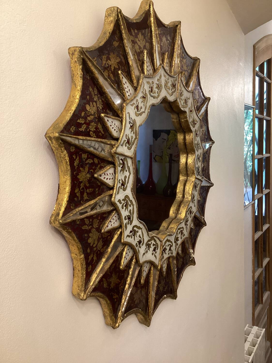Miroir sunburst à fleurs année 1950