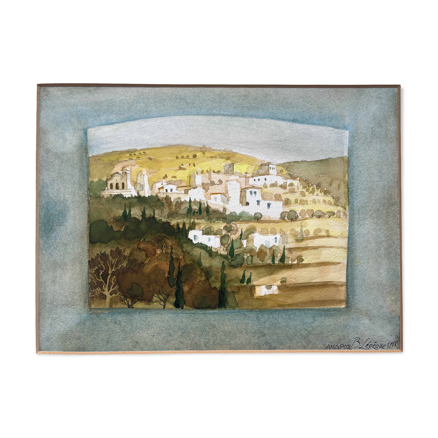 Watercolor painting "Anaxos" Greece signed B. Lévêque 1988
