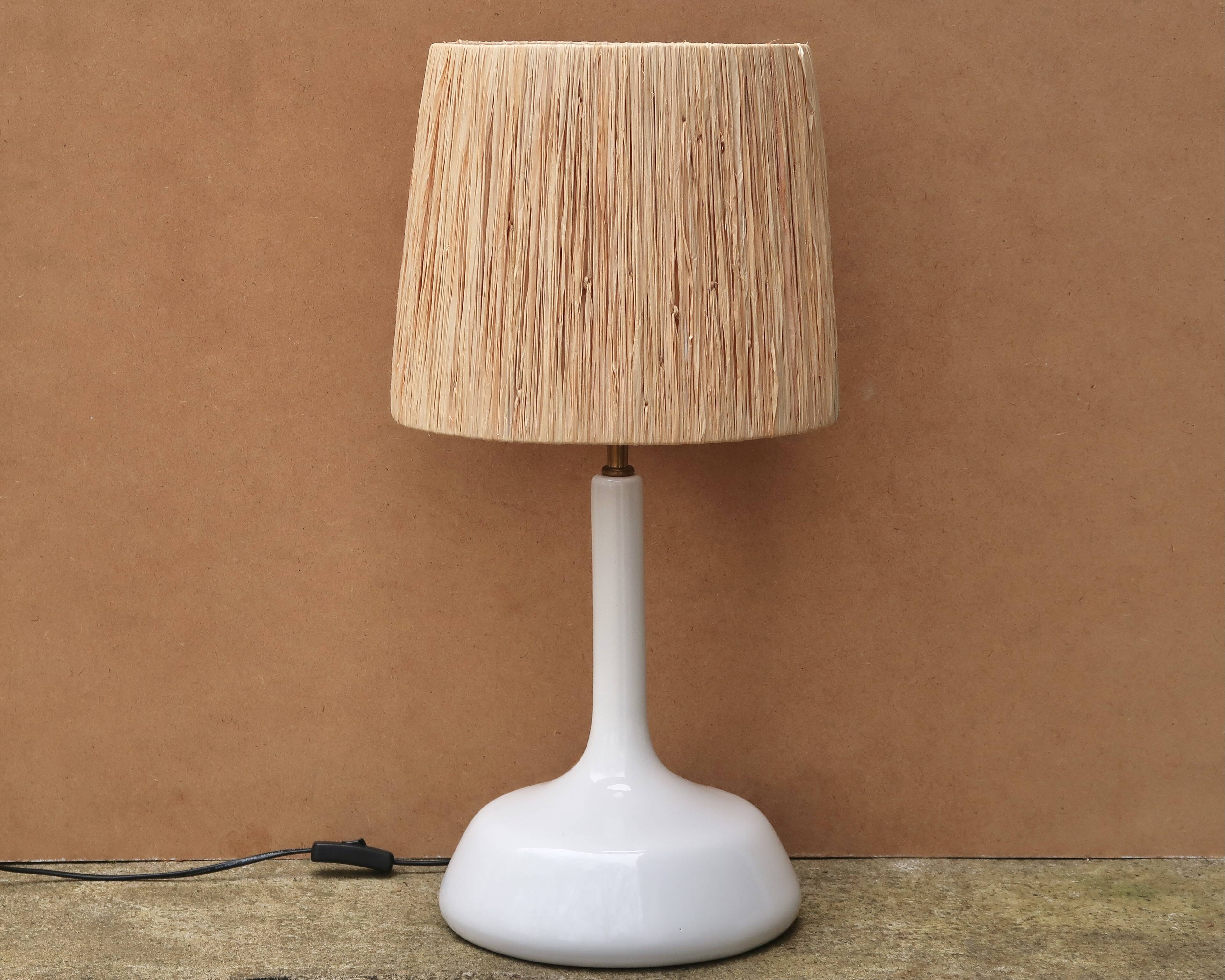 Large white ceramic lamp with raffia shade, 1970s