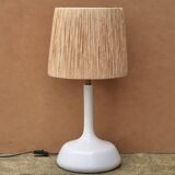 Large white ceramic lamp with raffia shade, 1970s