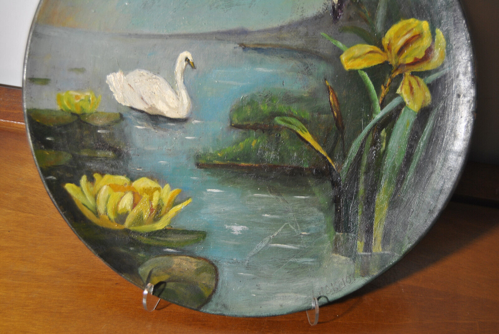 Set of 3 dishes 19th century terracotta painting 1895 boat lily lily swan