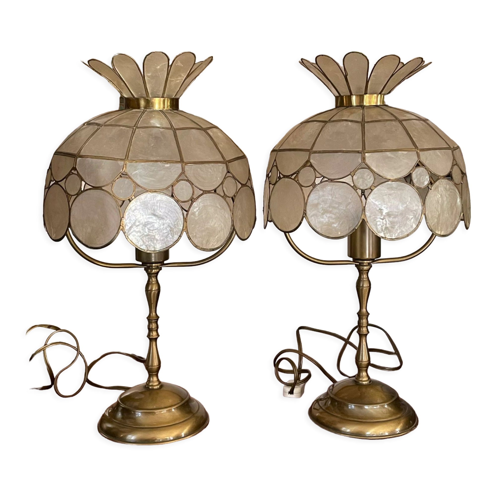 Pair of brass and mother-of-pearl lamps