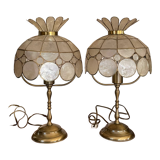 Pair of brass and mother-of-pearl lamps