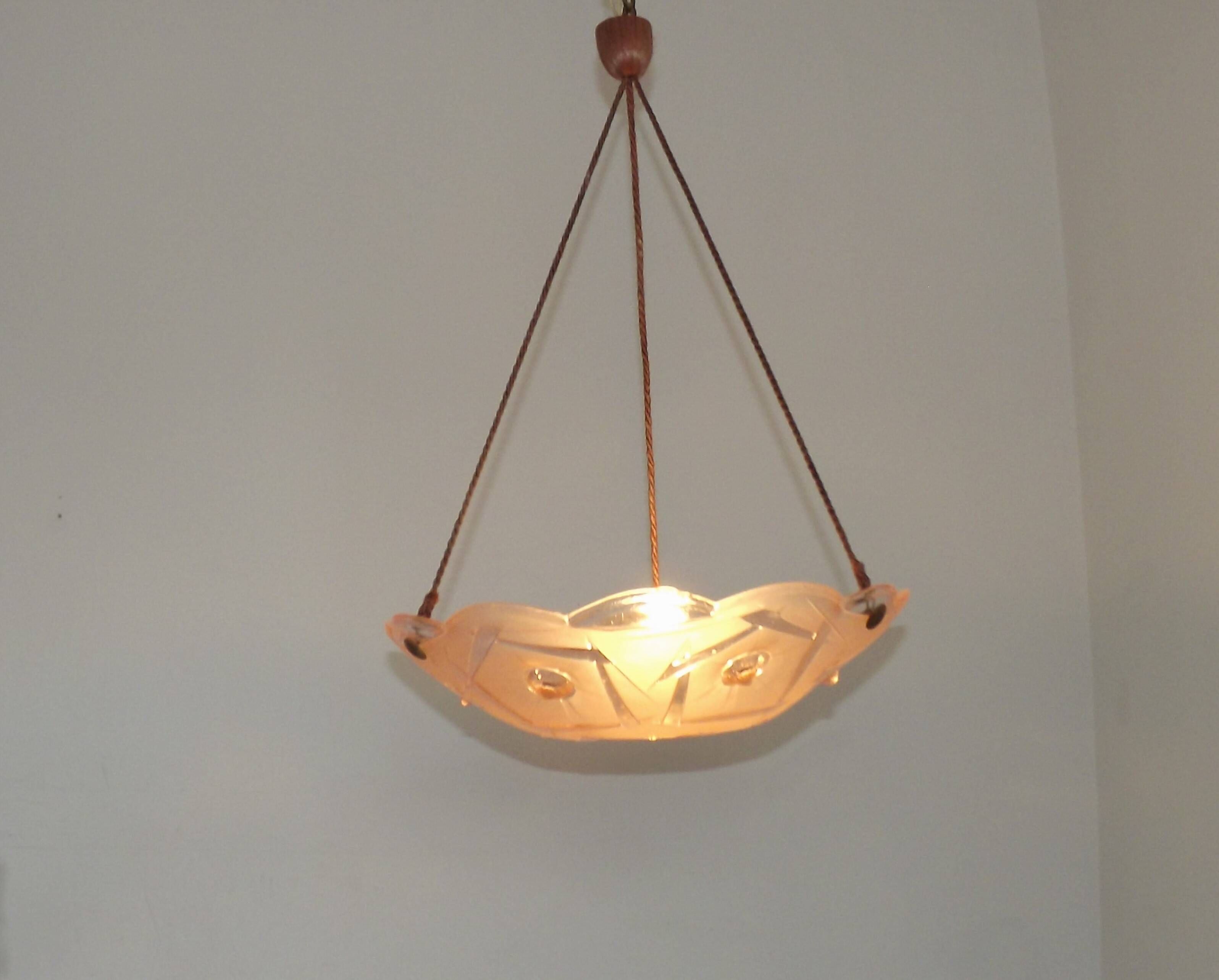 French Art Deco Stamped 1053 Pink Glass Plafonnier Hanging Light Pink Ropes