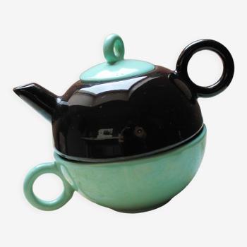 Individual tea set teapot and cup "selfish" black and celadon 50s 60s