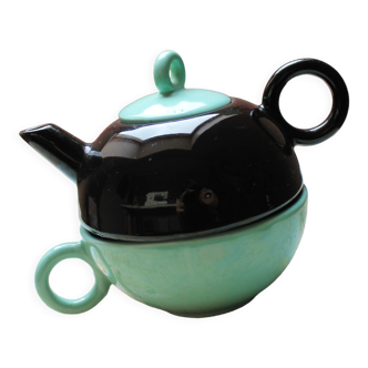 Individual tea set teapot and cup "selfish" black and celadon 50s 60s