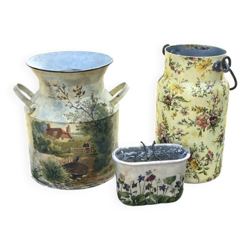 Ensemble de pots de fleurs, jardinières florales en tôle française, jardinières en métal, français