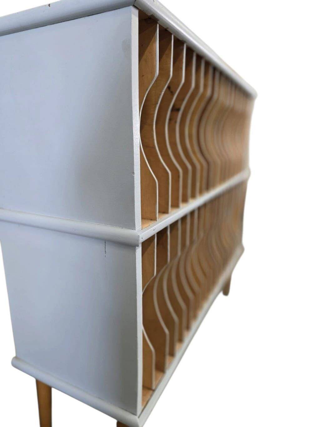 Vintage mint blue wooden display cabinet / storage system for vinyl records