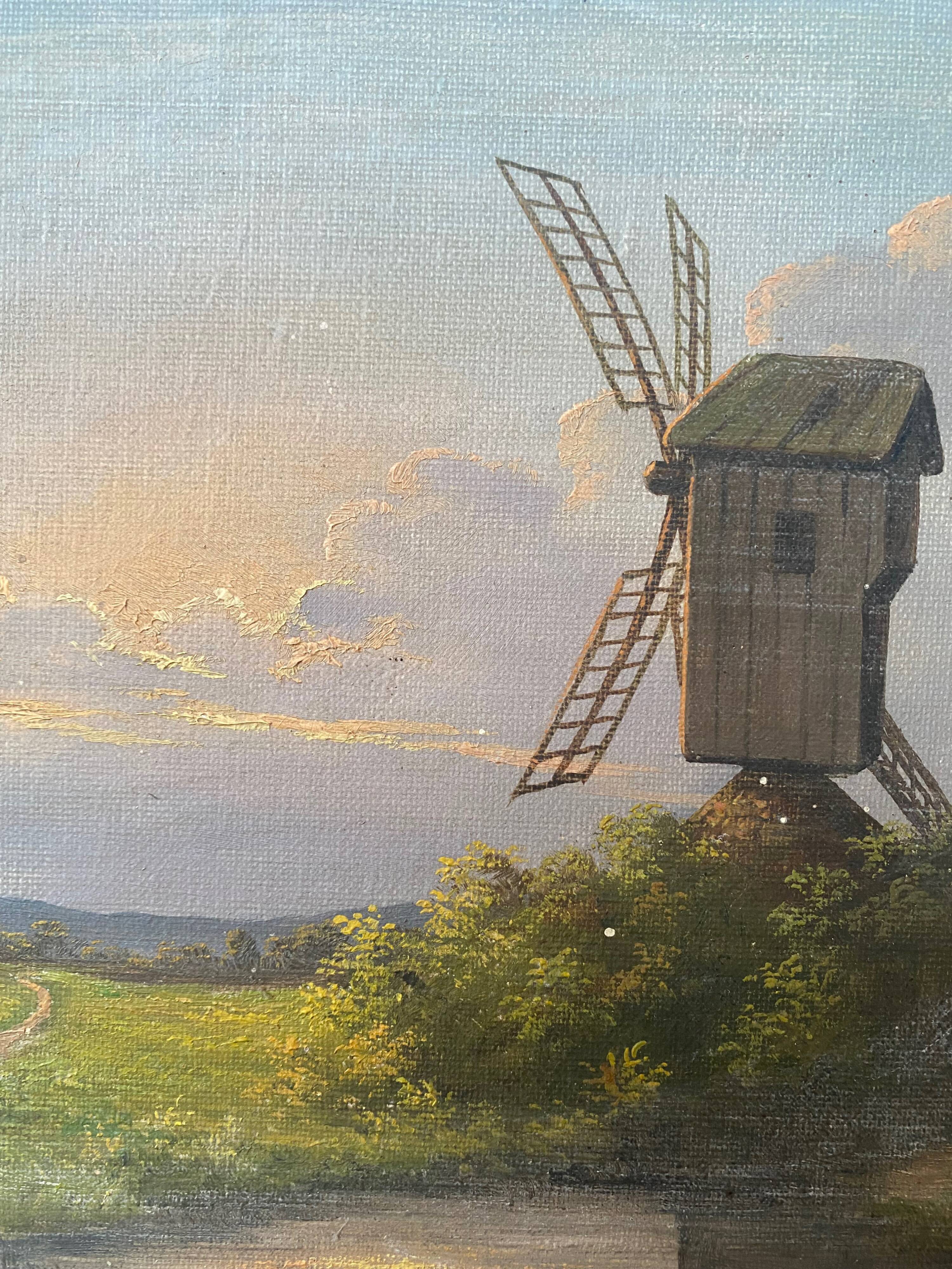 Old painting "Landscape at sunset" Mill HST signed Taerb