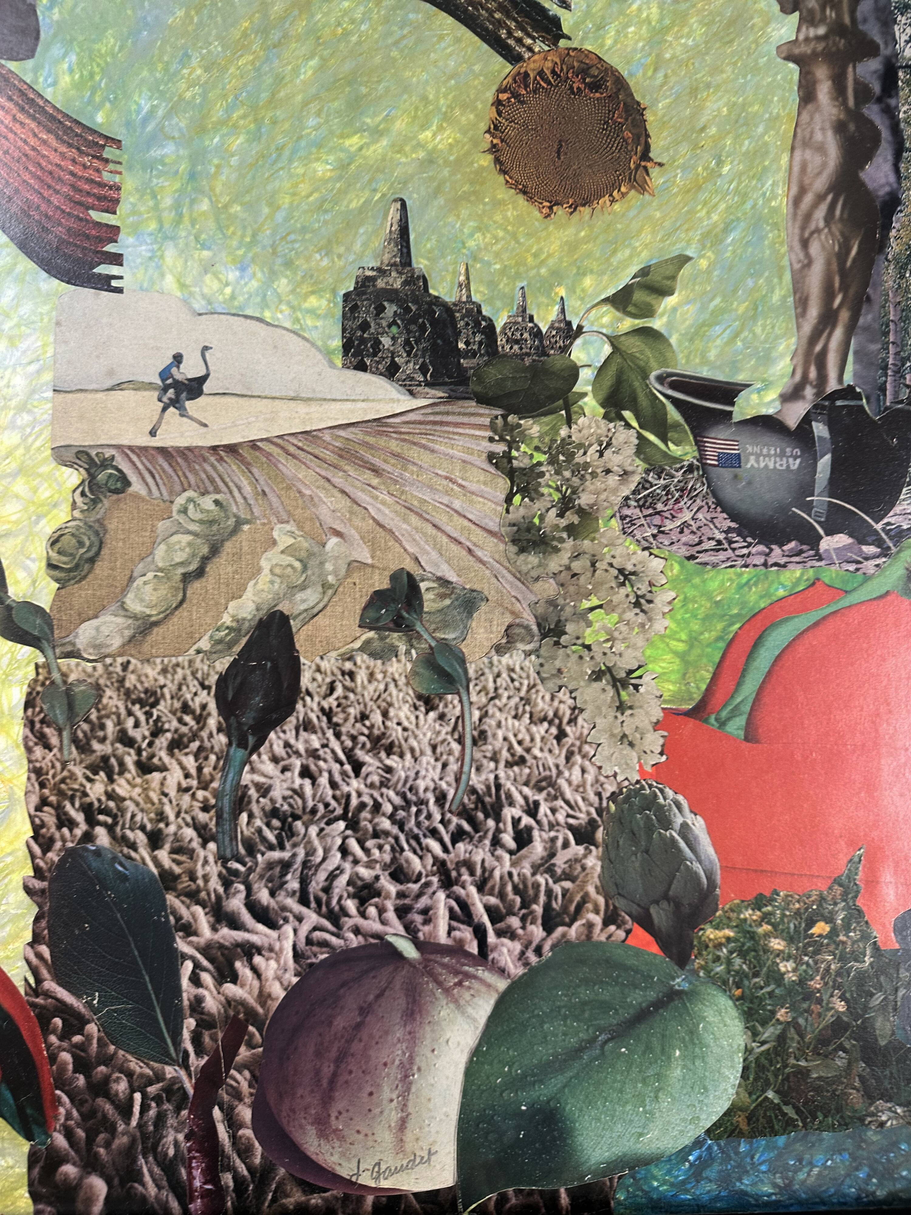 Very large framed surrealist collage by Alain Gaudet 1979