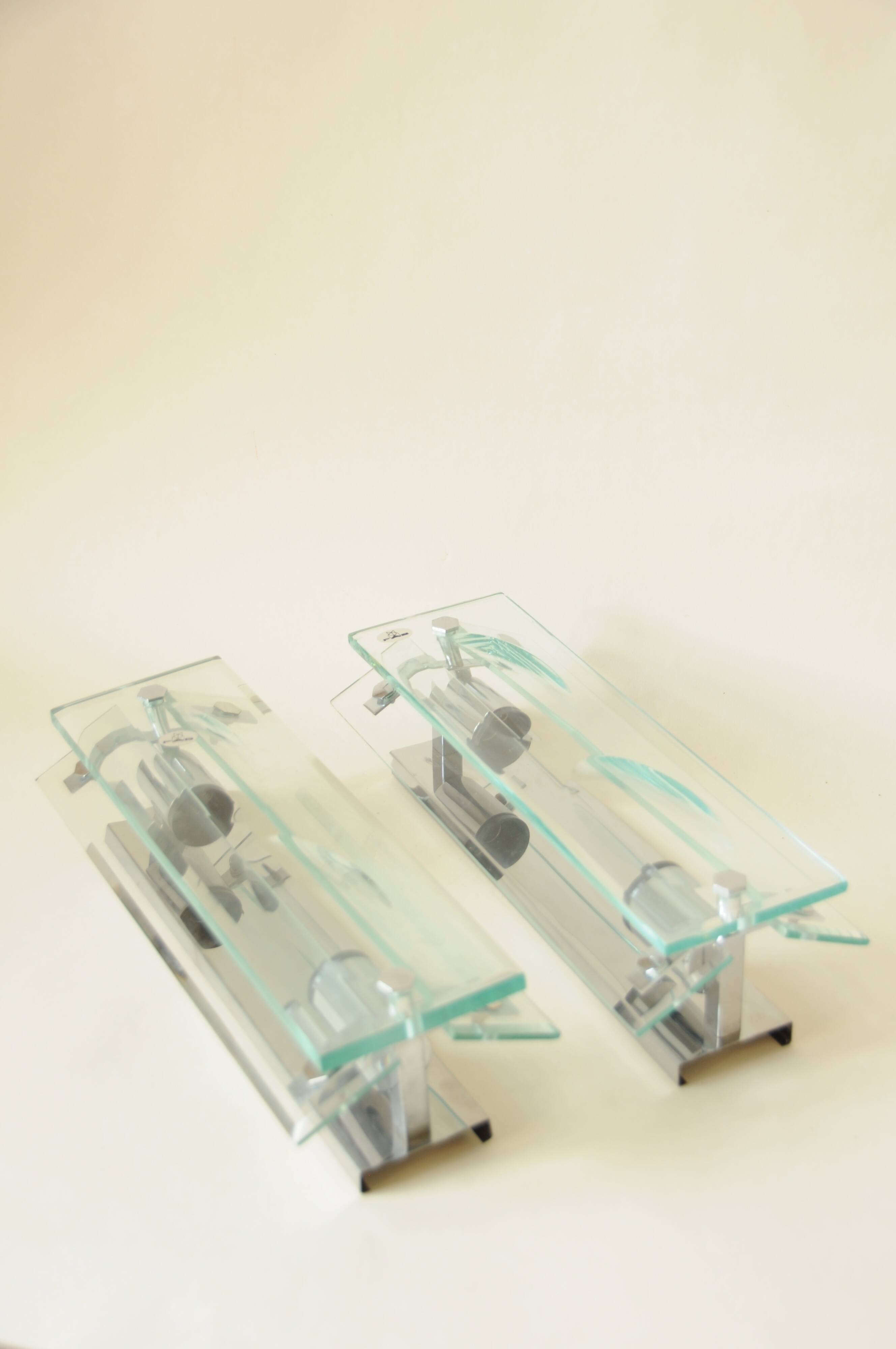 Pair of vintage glass and chrome wall sconces