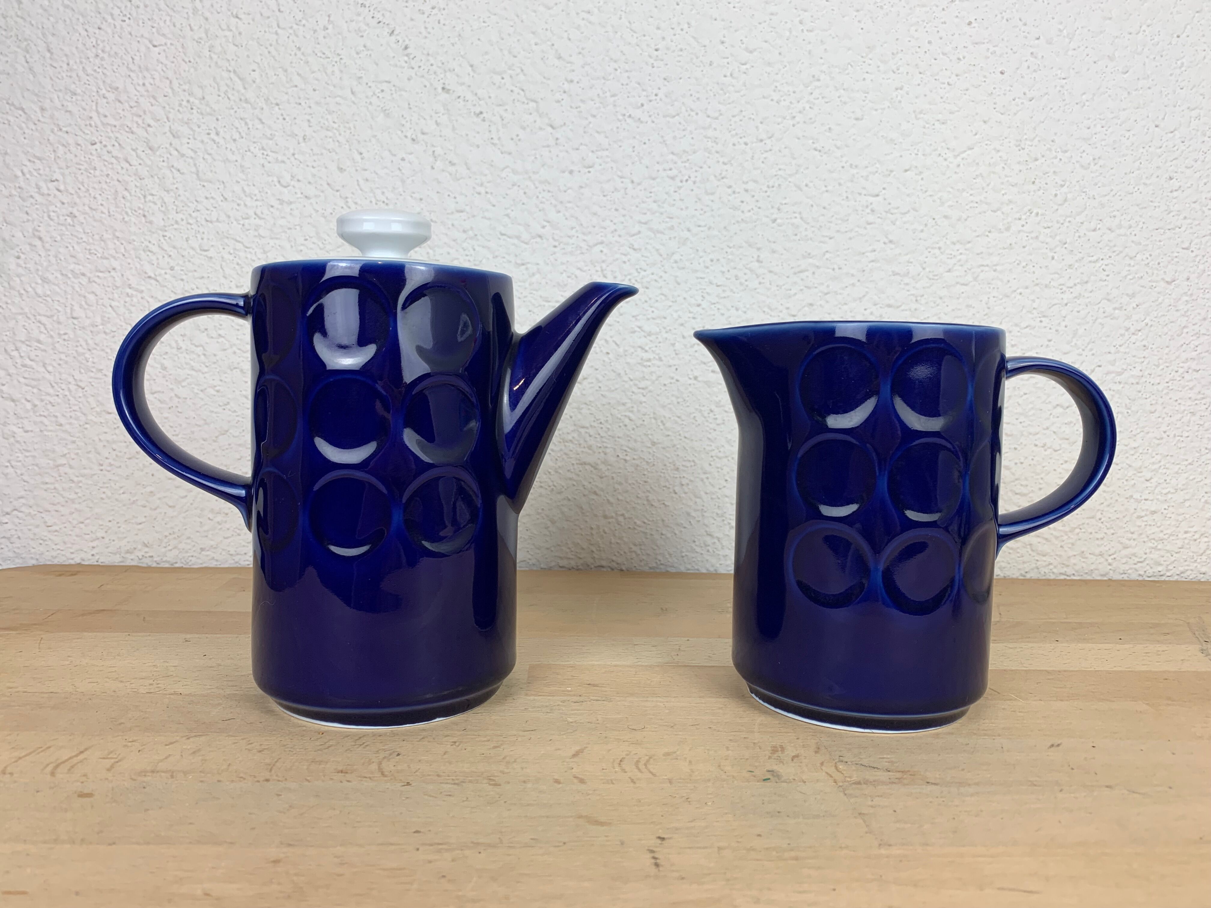 Vintage teapot and pitcher, blue ceramic