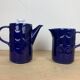 Vintage teapot and pitcher, blue ceramic