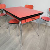Table, 3 chairs and red formica stool
