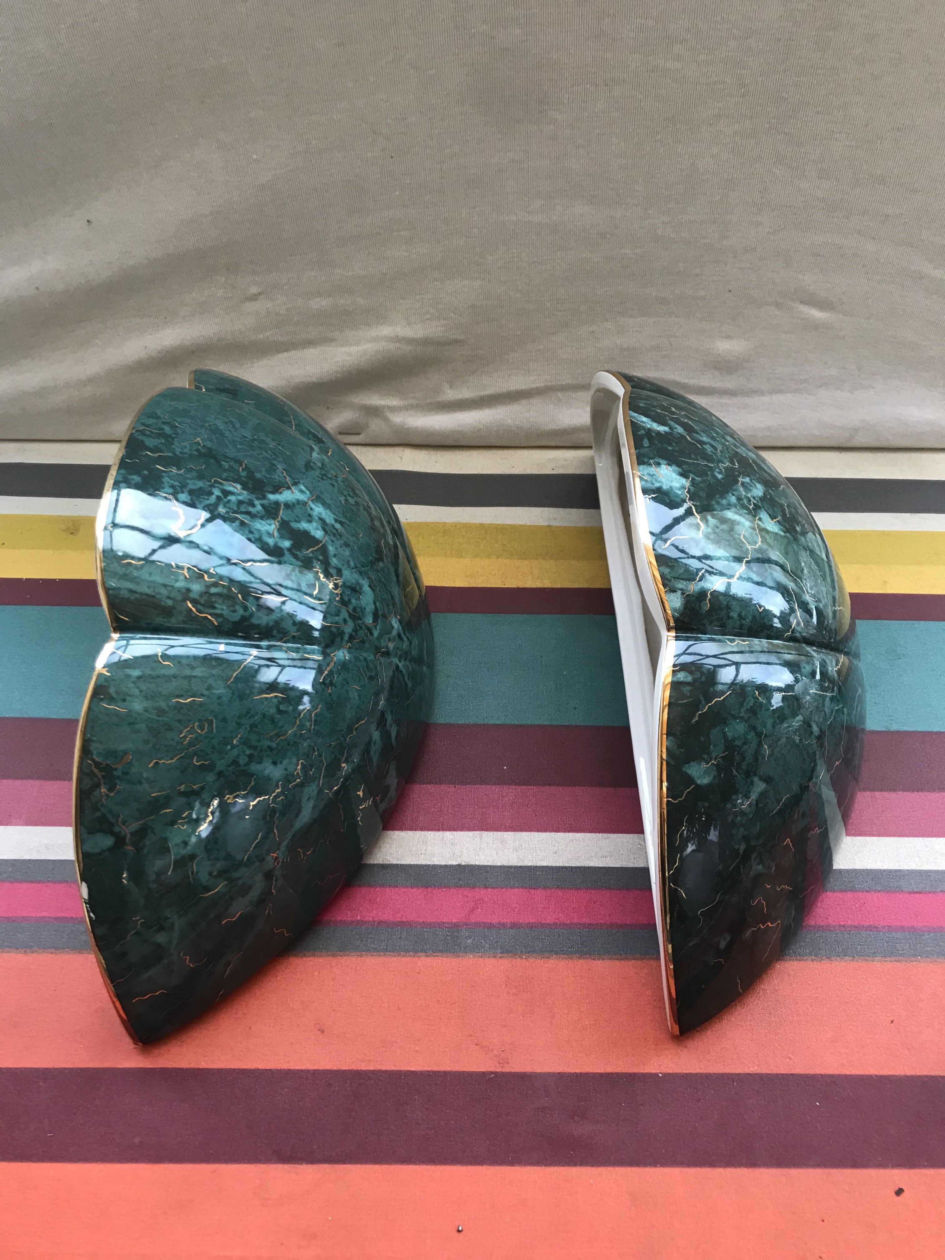 Old Pair wall light  Green Ceramics Style Marble - Vintage Golden Veins
