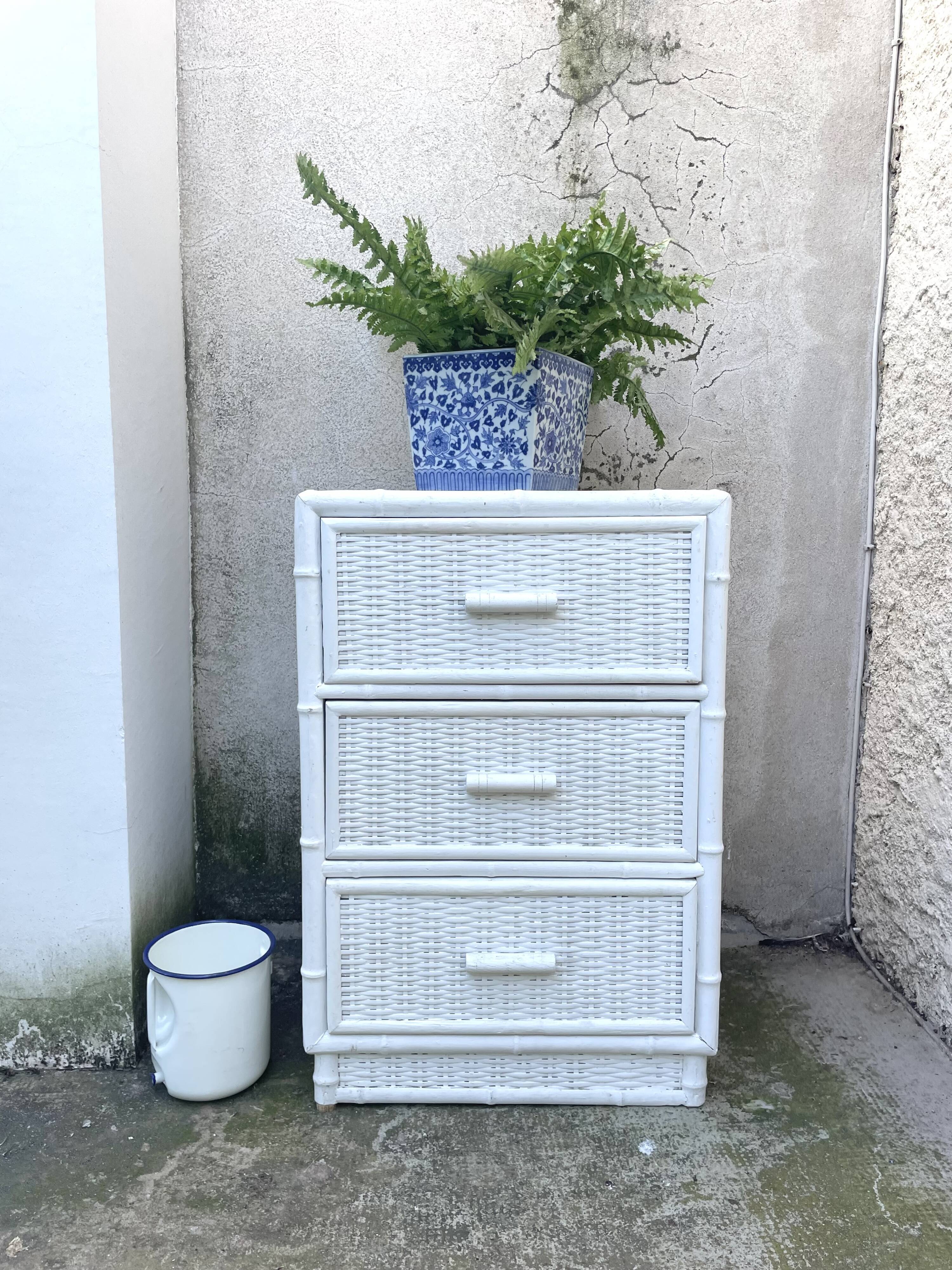 small white rattan cabinet 3 drawers