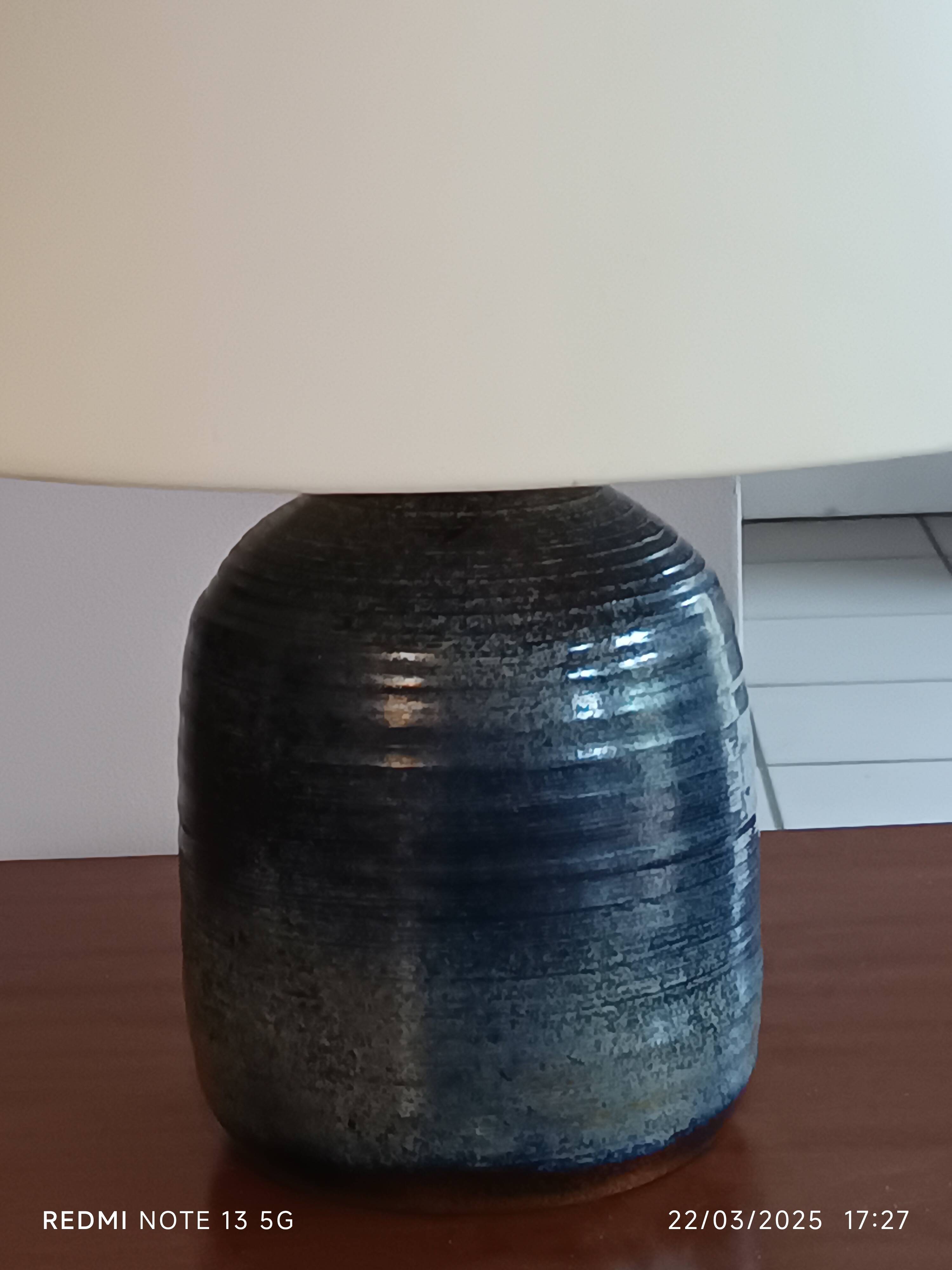 blue glazed ceramic lamp signed Ferrières 1970