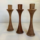 Trio of Scandinavian tulip-shaped wooden candlesticks