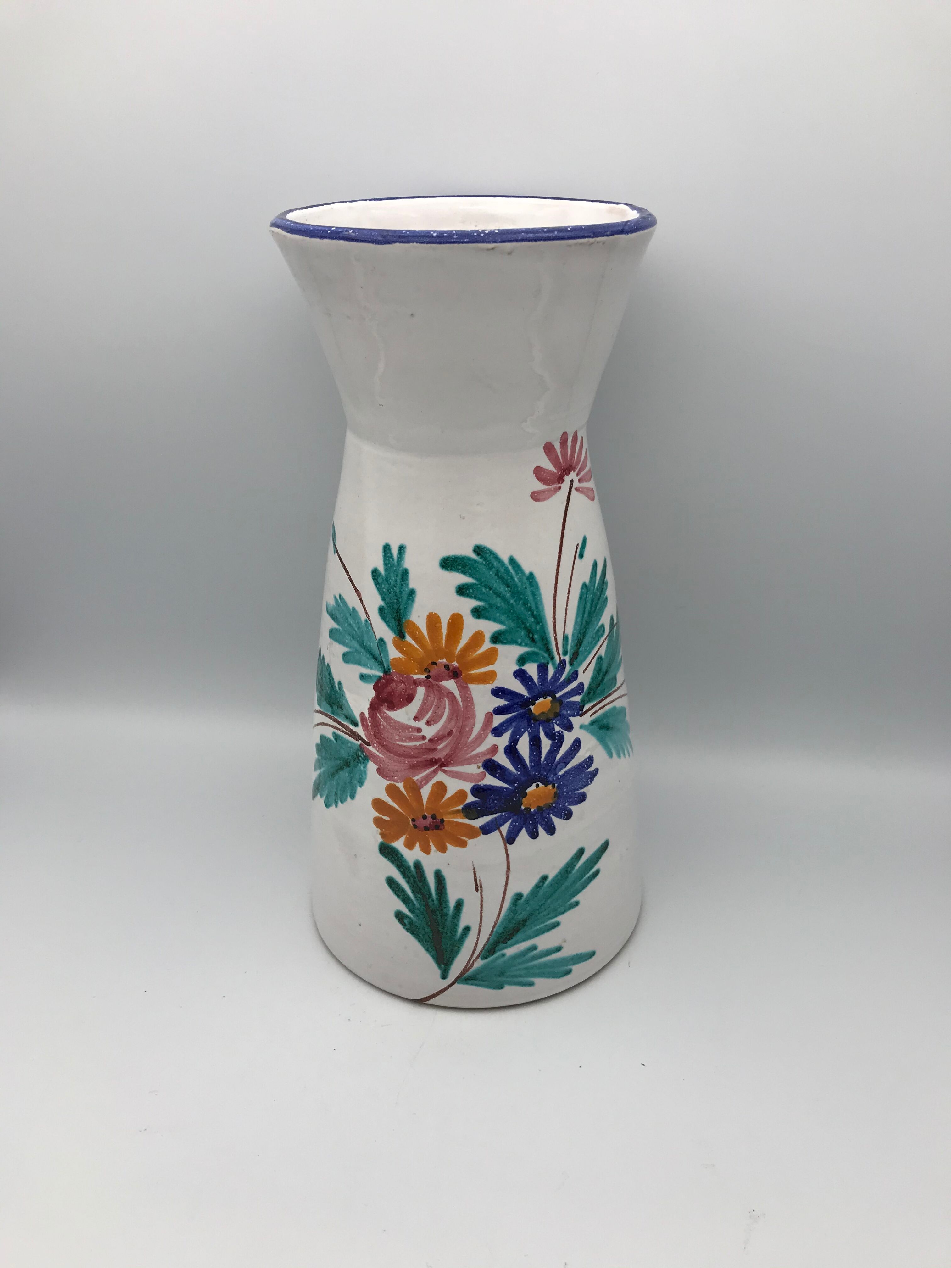 Vintage ceramic vase signed with polychrome flower decoration 25 cm