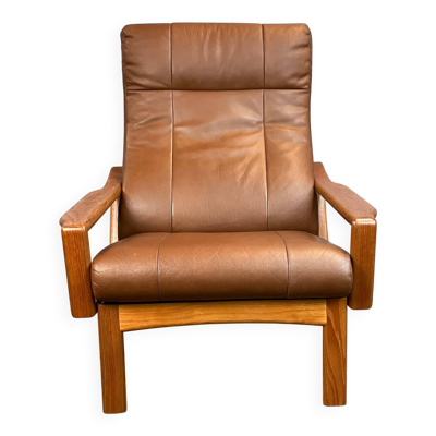 Fauteuil par Grete Jalk pour Glostrup, teck et cuir, années 1960.