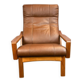 Fauteuil par Grete Jalk pour Glostrup, teck et cuir, années 1960.