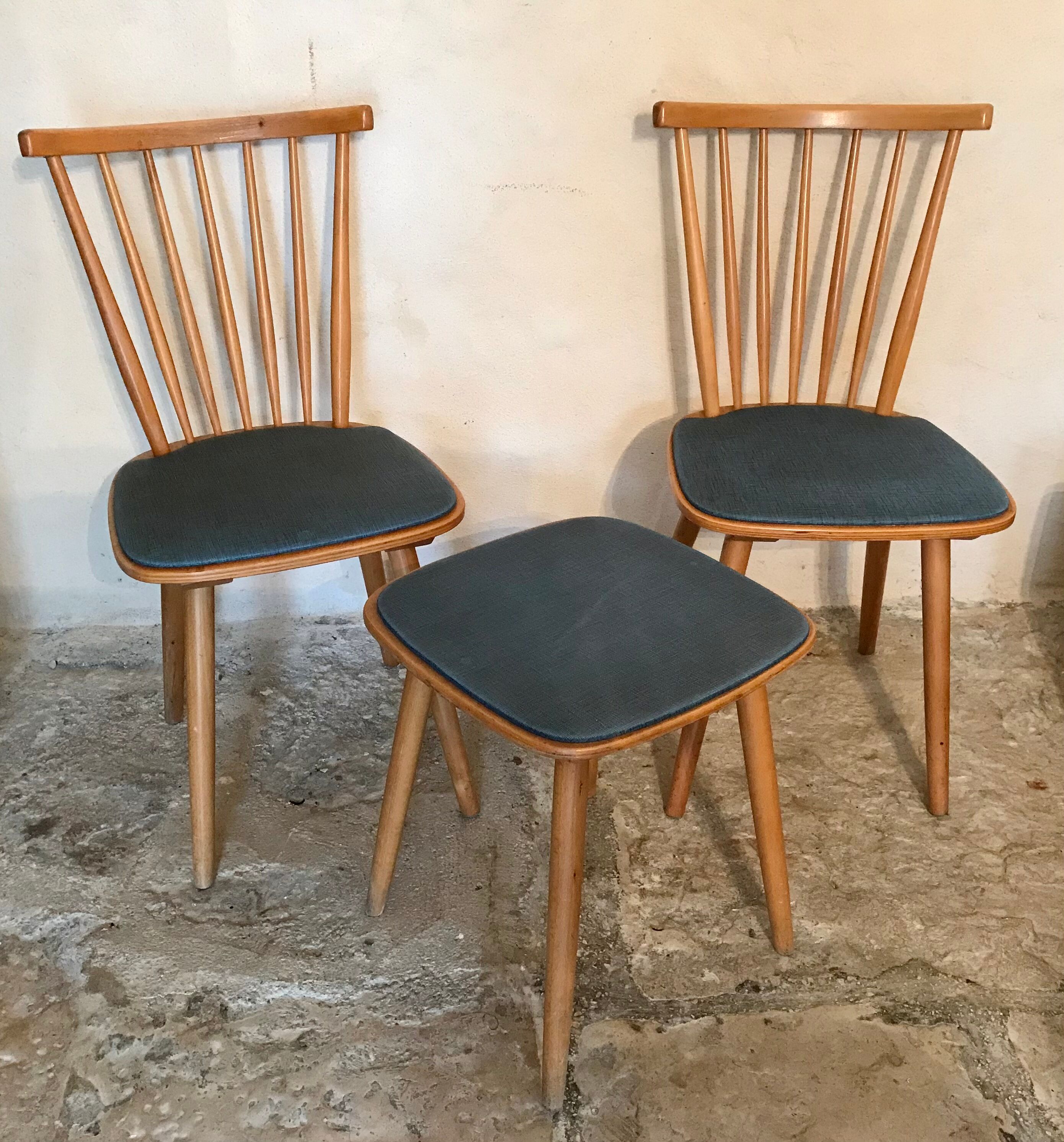 Set of 2 chairs with bars and a stool vintage compass feet 1960's