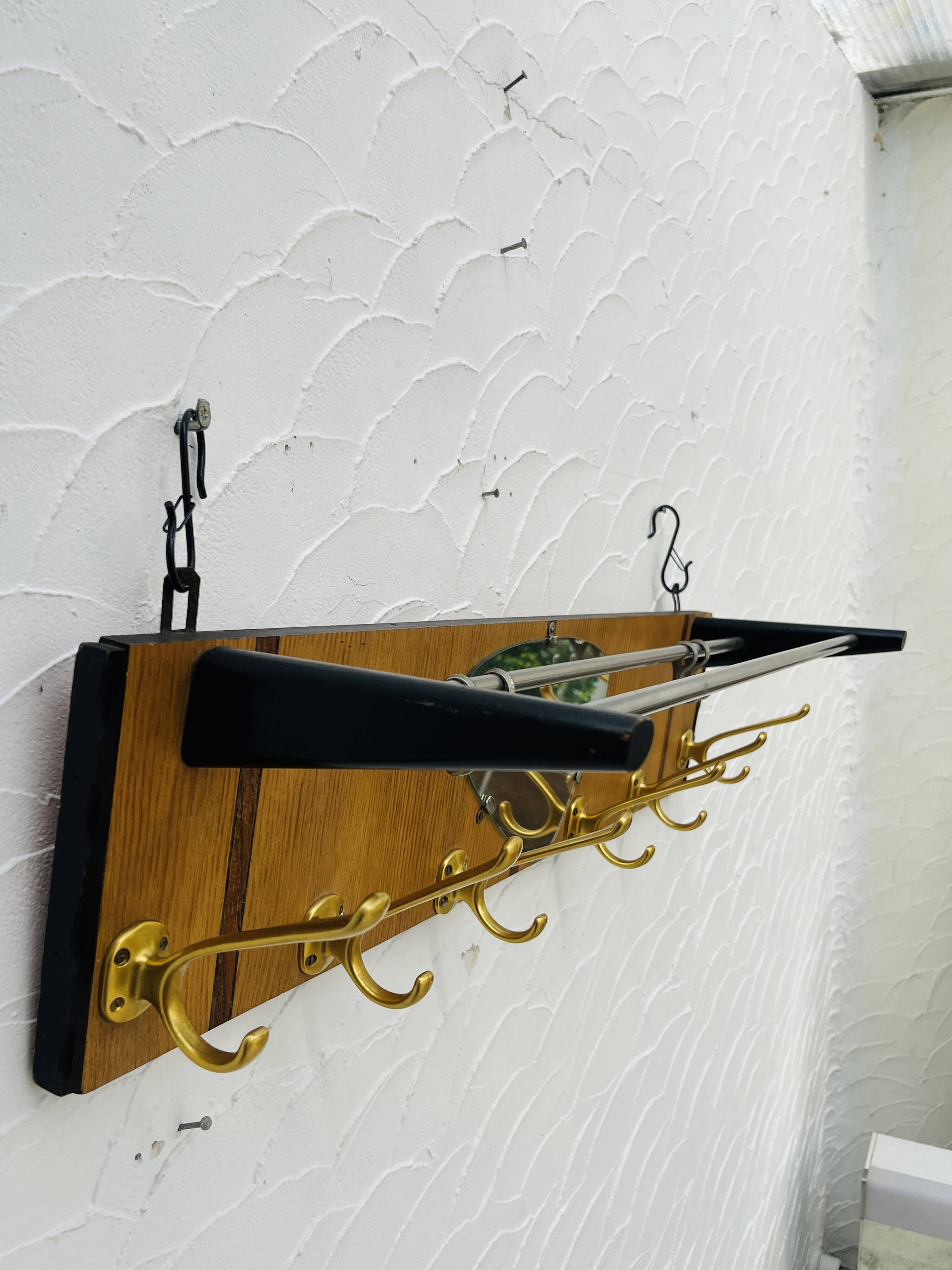 Vintage teak wall coat rack with mirror