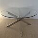 Table basse ronde Space Age acier chromé, verre, piètement hélice 70s