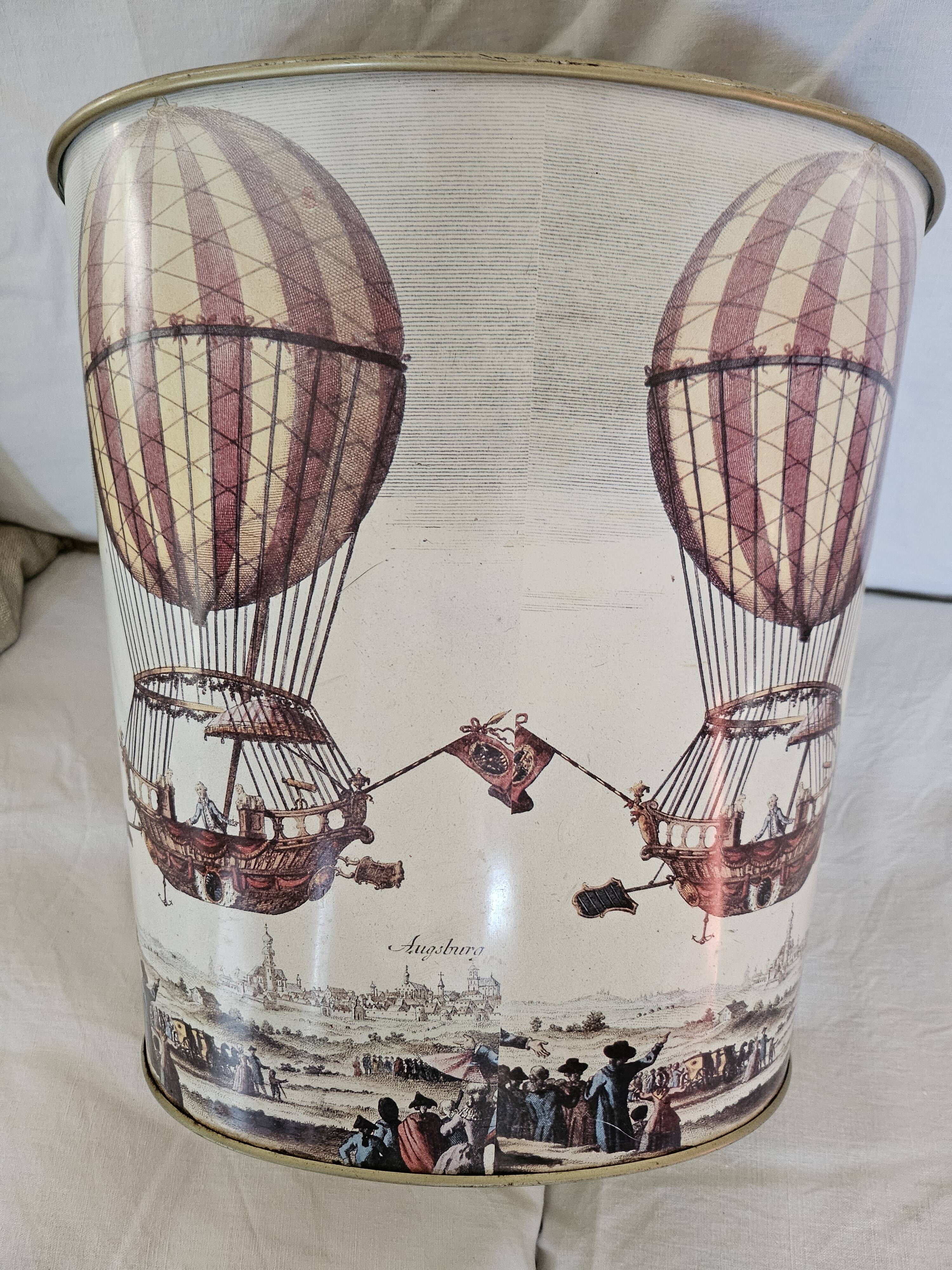 Vintage paper bin Massilly France – hot air balloon design, 1960s