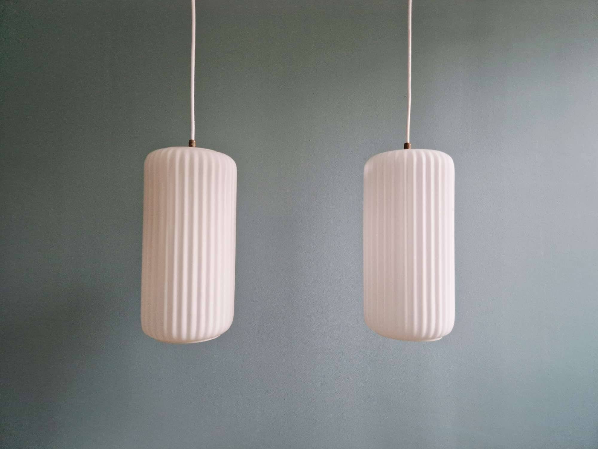Pair of ribbed white opaline pendants, Philips, 1960s
