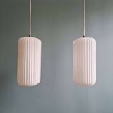 Pair of ribbed white opaline pendants, Philips, 1960s