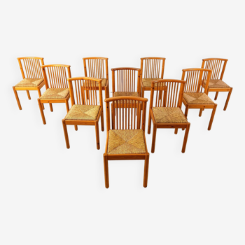 10 chaises de salle à manger scandinaves en pin et osier, années 1970