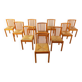 Scandinavian pine wood and wicker dining chairs, set of 10, 1970s