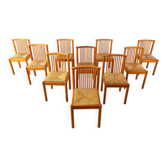 10 chaises de salle à manger scandinaves en pin et osier, années 1970