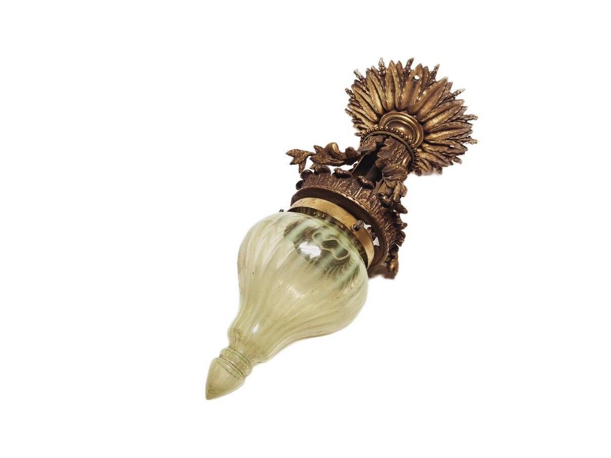Lampe pendante en bronze Empire avec verre d'uranium, France, années 1890.