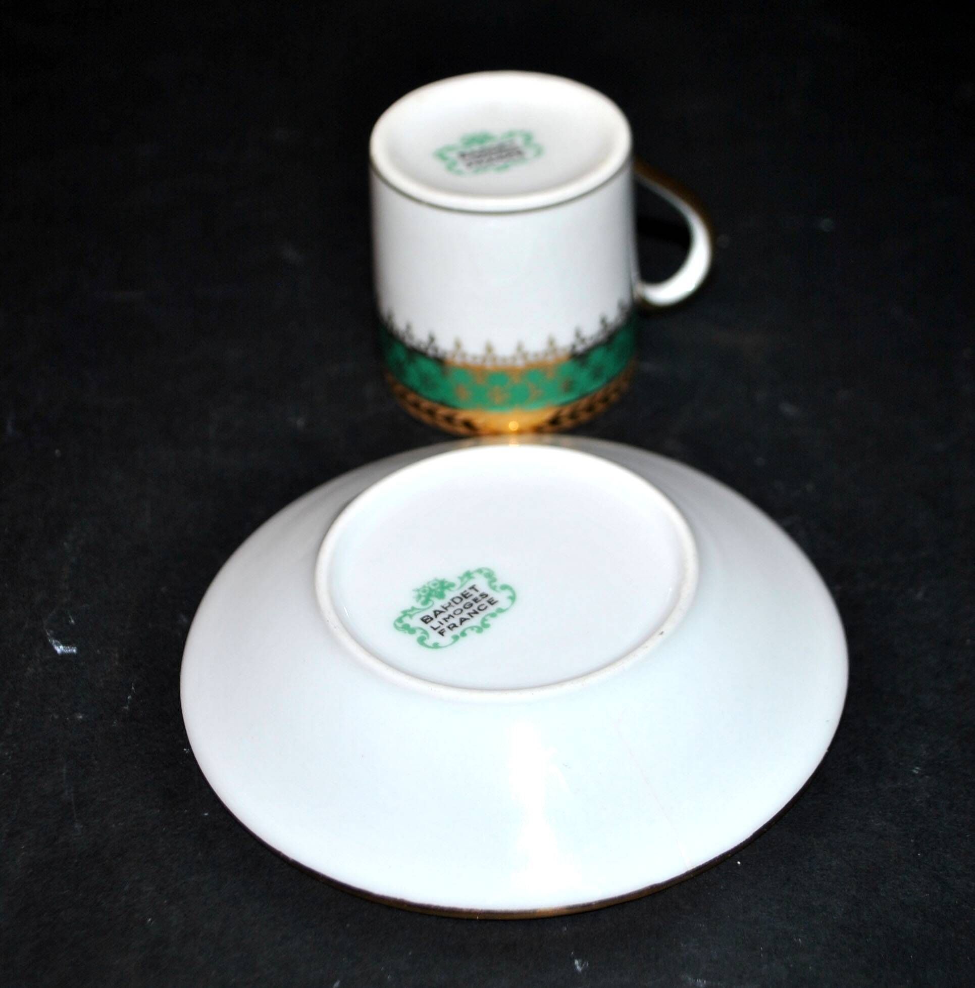 Green and gold litron coffee cup in Limoges porcelain BARDET 1950