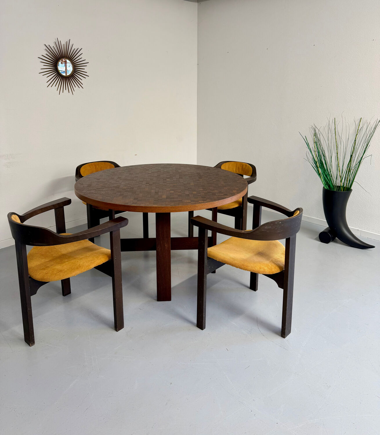 Vintage marquetry wooden table designed by Dieter Waeckerlin for Idealheim an70.