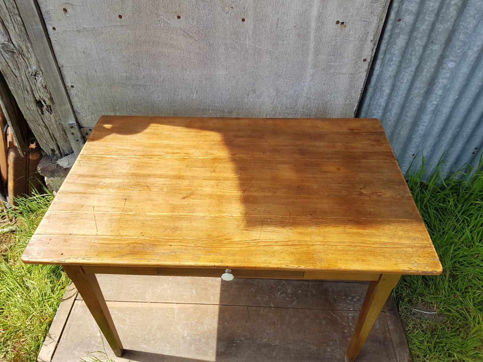 Old Farm Table - Wood Drawer Feet Compas Handle Vintage Porcelain