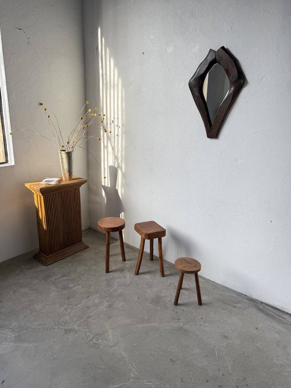 3 free-form oak tripod stools