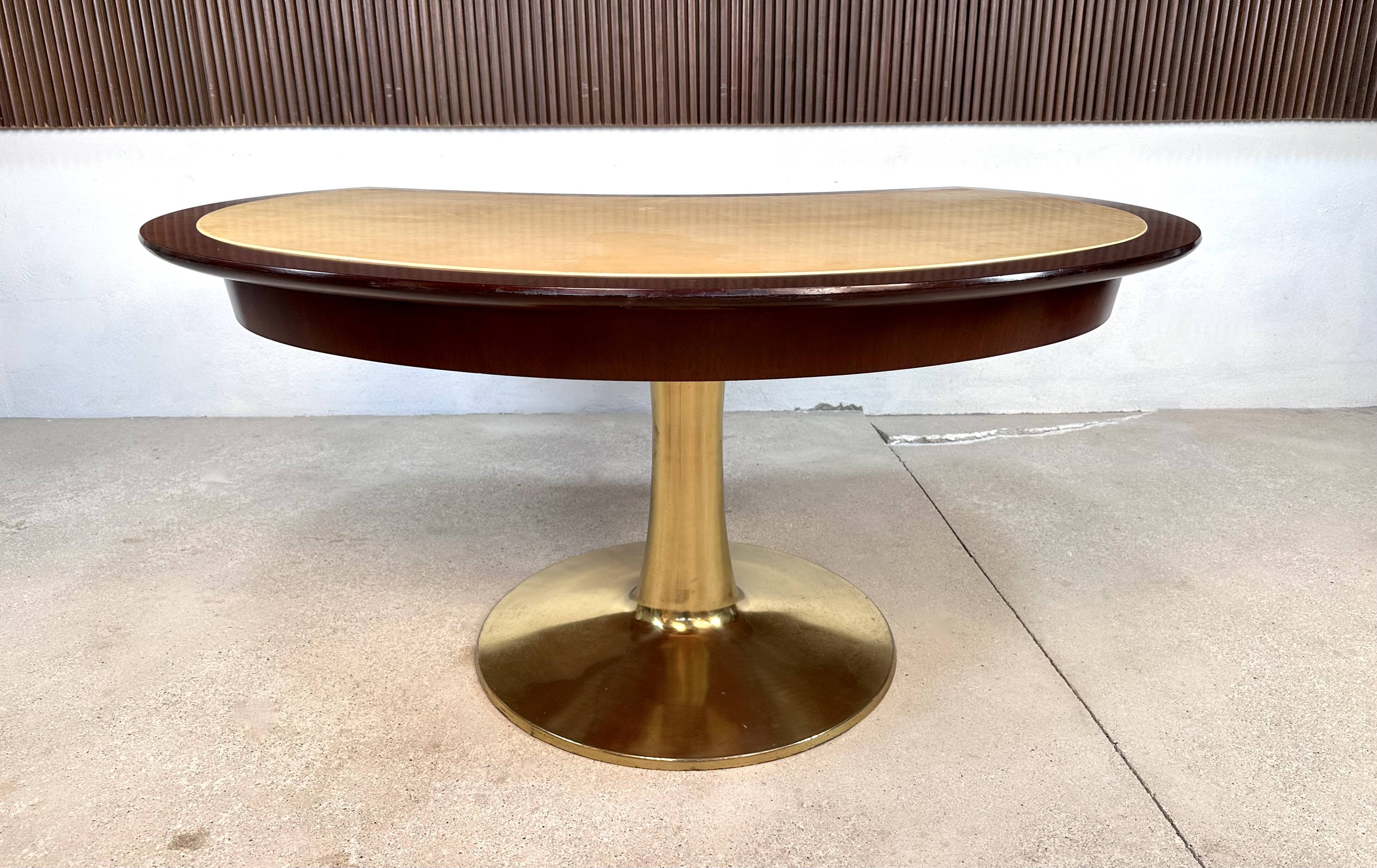 Large Italian Single Column Crescent-Shaped Desk in Goat Skin & Brass 1950s
