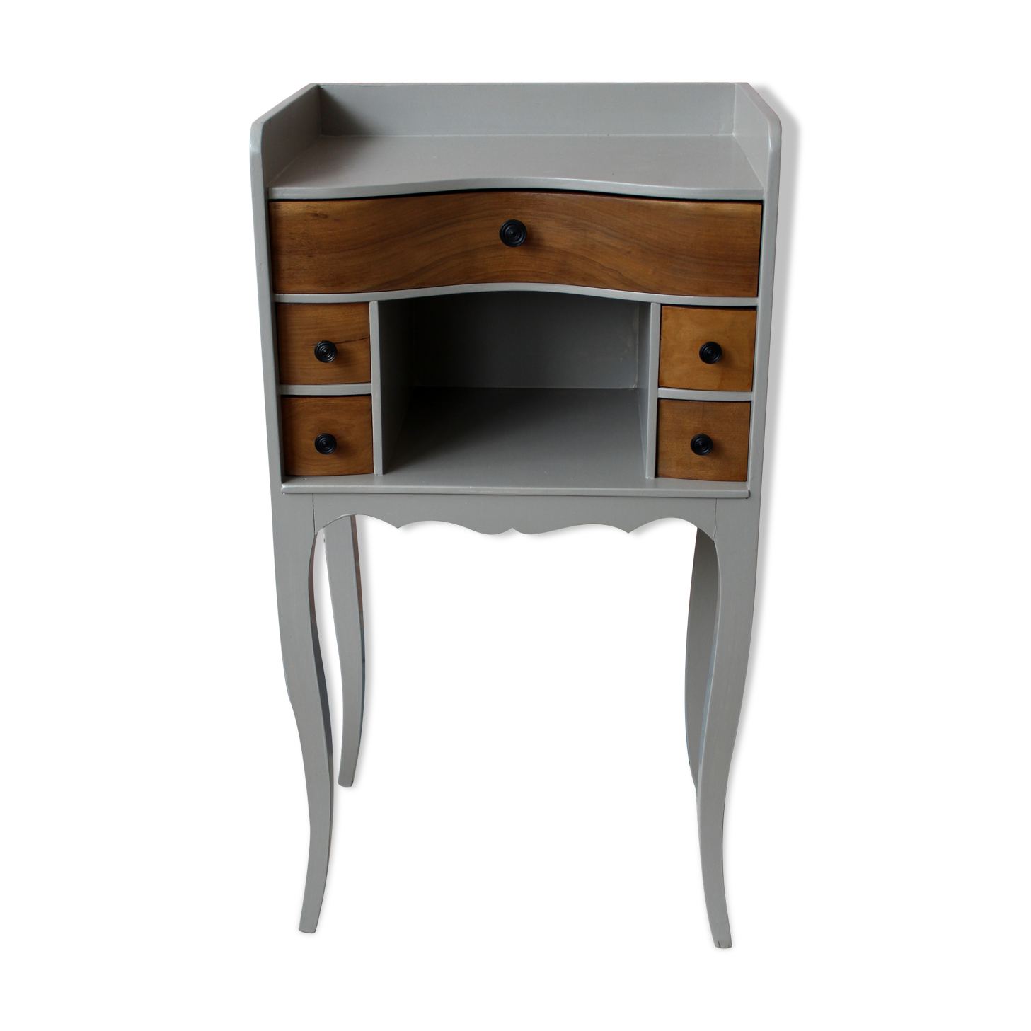 Gray curved bedside and wood