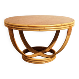 Vintage rattan coffee table with teak top